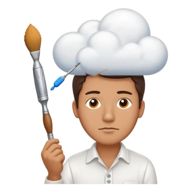 a man in a white buttoned shirt with a thinking cloud picturing a brush sticker