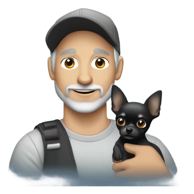 blue eyed man, with grey hair and grey goatee, wearing ball cap, holding long hair black chihuahua sticker