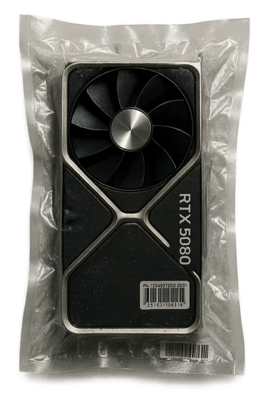 vacuum-sealed RTX 5080, squished and reflective sticker