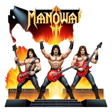 Icon for Metal Music: Manowar performing live, with powerful imagery of the band on stage, electric guitars, drums, and heavy metal energy. The background features a fiery stage and intense lights, reflecting the epic atmosphere of their concert. Transparent background. sticker