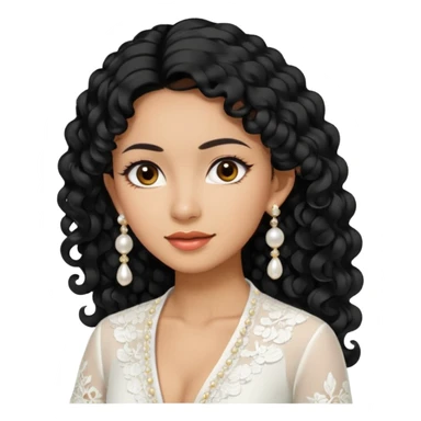 tan skin women, with black long Curly hair, wear white kebaya , and pearl earring sticker