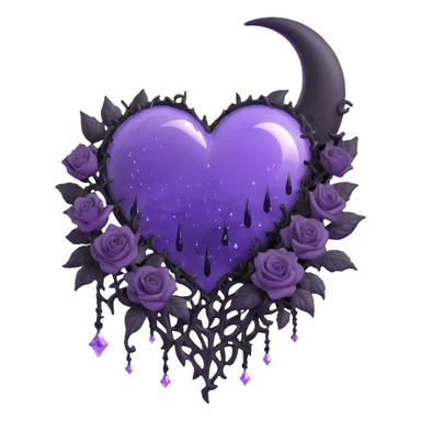 gothic heart made of purple glass with a crescent moon on the right, cluster of tiny black roses, sparkling stardust, zigzag lightning, dripping rain, shattered cracked glass texture sticker