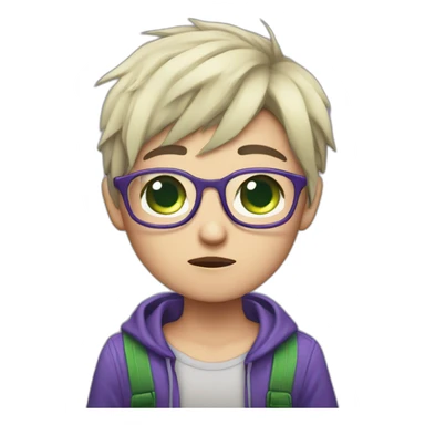 chibi, short blue and purple hair, green eyes, glasses crying sticker