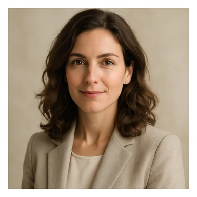 portrait of a calm, confident woman with wavy hair, gentle smile, approachable professional look, soft background sticker