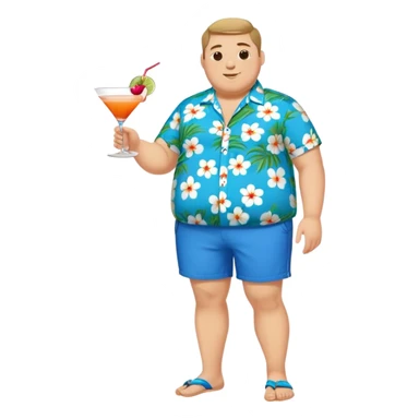 chubby guy full figure in a flowered azure havai shirt, brown shorts and flippers holding a cocktail sticker