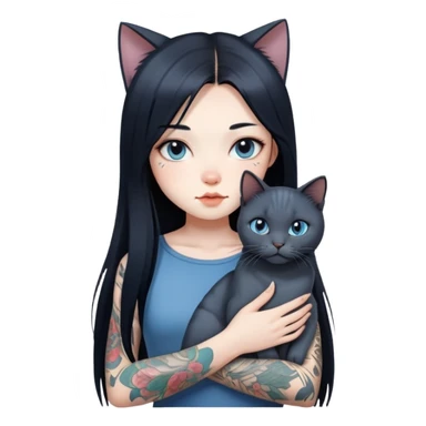a Chinese girl with long black  straight hair and tattoos and british blue cat sticker