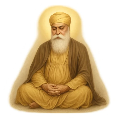 Guru Nanak Dev Ji, seated in meditation, serene face, wearing turban and simple robes, surrounded by soft glow, respectful and spiritual style sticker