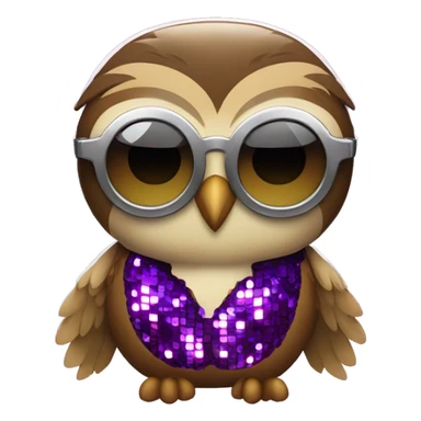 a rowlet brown owl emoji with sunglasses and a purple sequence disco outfit on sticker