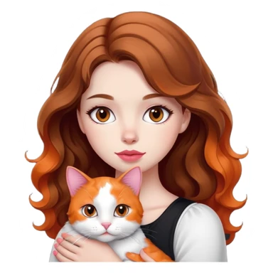A girl with wavy brown hair and white has medium round eyes and medium pink lips that embrace her calico in orange, black and white color sticker