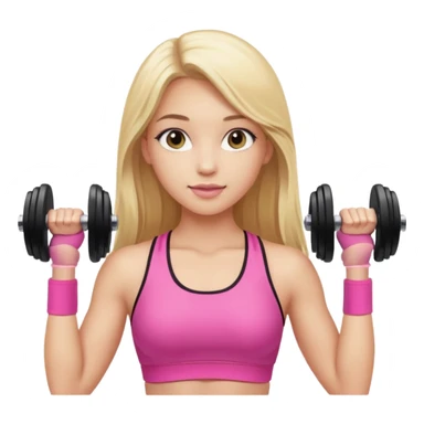 beautiful girl with brown hairs in sport wear in her hands is dumbbells her skin was light and hairs too and her sport wear was pink  her hair was long and blonde  sticker