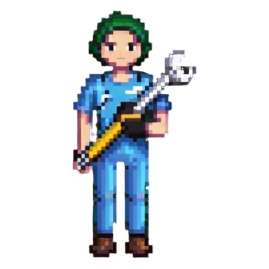 Simple pixel art IT badge with colorful person holding a car wrench key sticker