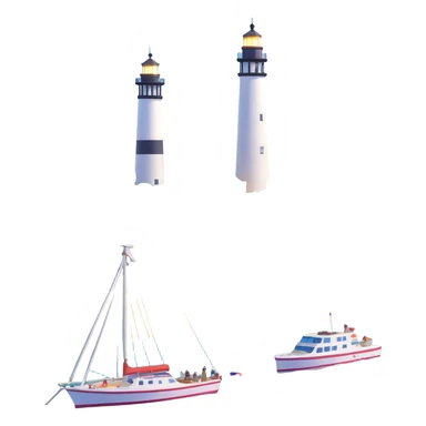 highly detailed, realistic 3D icon of the Provincetown, MA skyline featuring the Pilgrim Monument, Boatslip Resort, Provincetown Inn, Race Point Lighthouse, and Provincetown Pier with accurate and realistic architectural details, bright lighting, isolated on transparent background sticker