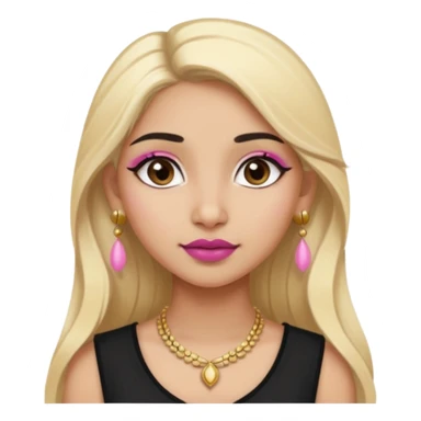 Sweet Indian girl blond long hair darkbrow  eyes brown/pink lipstick blush, black top gold earrings brown eyebrows  sticker