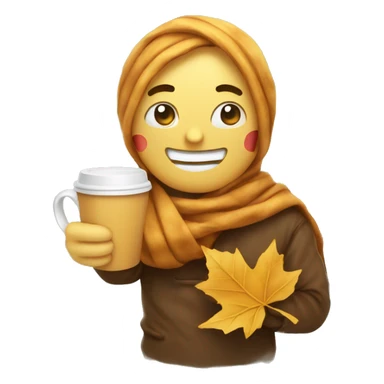 Smiling holding back tears emoji with scarf holding coffee and fall leaf sticker
