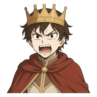 furious prince with crown, white complexion, black eyes, dark brown hair, anime style sticker