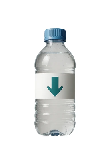 bottiglietta d'acqua con freccia giù fluttuano in aria iperrealistici sticker