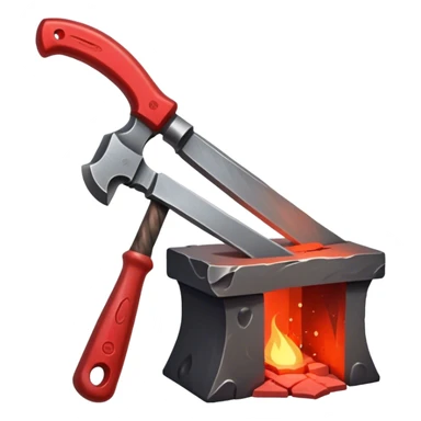 Blacksmithing icon, forged metal piece being shaped with hammer and anvil, glowing red-hot metal, blacksmith tools like tongs and chisel, sparks flying, minimalistic style, clean lines, transparent background. sticker