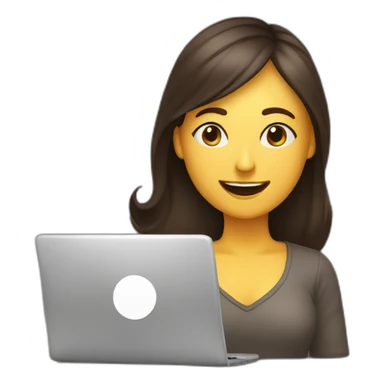 smiling woman eyes closed behind a laptop and a large coffee mug. sticker