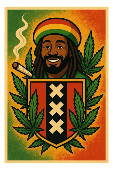 Create a digital illustration of a Rasta man with a friendly expression, wearing a red, gold, and green tam (Rastafarian hat), with dark brown skin and dreadlocks. Place him inside a bold, stylized Amsterdam coat of arms flag. The flag should have red, black, and gold tones with three white Xs in a vertical black stripe in the center. Surround the coat of arms with vibrant green cannabis leaves, a smoking spliff with rising smoke on the left side, and a textured reggae-colored background blending green, gold, and red. The style should be vintage, bold, and clean — like a high-quality reggae poster with modern emoji art flair. sticker