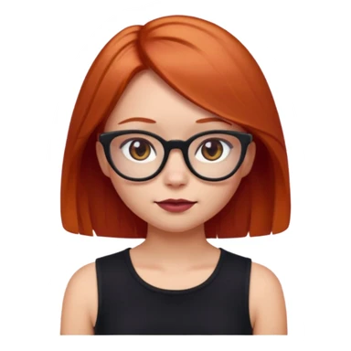 iPhone emoji of a girl with light red hair, shoulder-length hair, a small mole above her right eyebrow, wearing a black sleeveless top, and subtle dark maroon cat-eye glasses. sticker