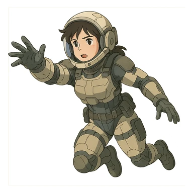 a tactical female space warrior floating in zero-g EVA operations, reaching in front of her sticker