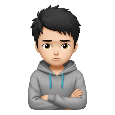 generate a pretty fair bratz boy with black messy hair looking sad with one hand on chin.  Wearing a grey hoodie sticker