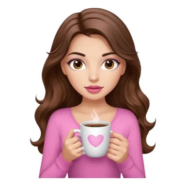 girl with long wavy brown hair, brown eyes, long lashes makeup,sexy pink lips, light to medium complexion, pink sexy top, with a coffee mug sticker