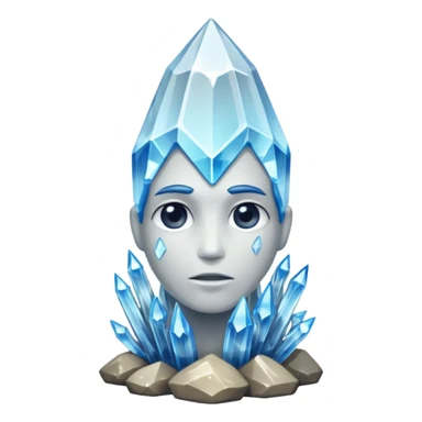 A single crystal rock character inspired by a clear quartz cluster, amorph base with many tall transparent crystal spikes growing upward all around it with a face sticker