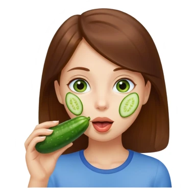 I want a brown hair blue eyes girl emoji, sucking a cucumber and holding two more in her hands. Make here licking a cucumber  sticker