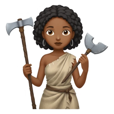 ancient black girl, tattered leaf cloth, hold broken stone ax sticker