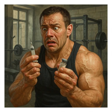  bodybuilder che si fa prendere dalla paura e fa cavolate, come una fiala ogni 2 settimane finisce che sopprimi comunque l'HPT ma senza alcun risultato visibile, iperealistica  sticker