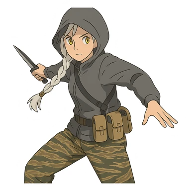 1 female, mid-20's  white hair long braid, gold yellow eyes, gray rainproof hoodie, hood up, single point sling, tan mag pouches on belt rig, tiger stripe camo pants, holding a combat blade, striking, swing sticker