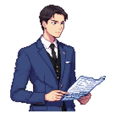 Flat pixel art, focused and confident male strategist, fair skin, short sleek dark hair, intense sharp eyes, wearing a deep indigo suit jacket over a black shirt, holding a blueprint in one hand, other hand thoughtfully touching chin, waist-up, front-facing sticker