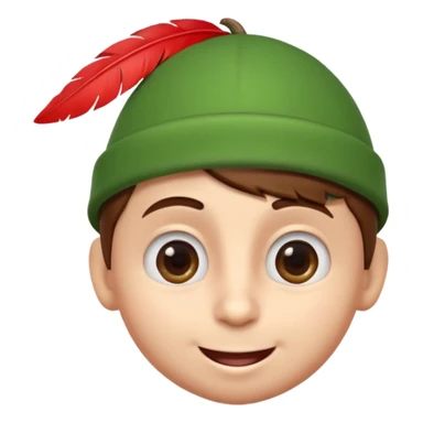 A cute 3D emoji head of a mischievous cartoon boy, fair skin, big expressive eyes, thick eyebrows, smiling with a slightly open mouth, brown hair, wearing a green pointed cap with a red feather, smooth sticker