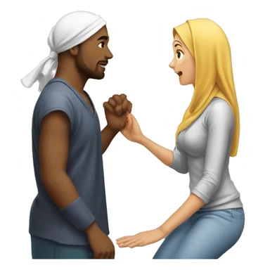 Man on knees facing woman wearing durag sticker