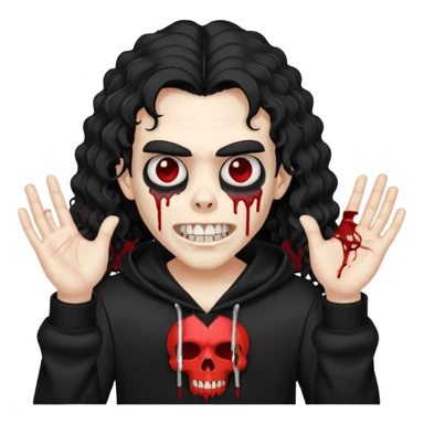 Vampire wearing a black hoodie with a skull logo on it, long curly hair that covers the forehead, fanged teeth and blood on hands sticker