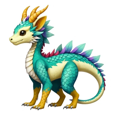 Beautiful pretty cool edgy elegant realistic Feral Rare Fantasy colorful vibrant Vernid-Trico-Haku-dragon-species-Fakemon-creature by LiLaiRa, random markings, tufted tail, tufted ears, full body sticker