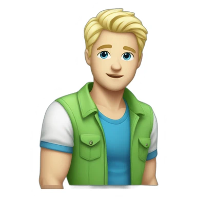 men 30 years old,blond short haire, white skin, blue eyes, green shirt with retro fan art sticker