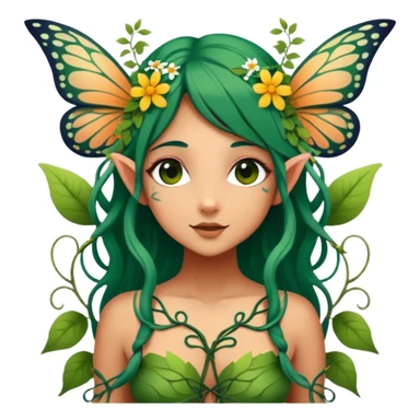 Cinematic Realistic Forest Nymph Fairy Portrait, depicted with lifelike, sun-kissed tanned skin that radiates an earthy glow, softly illuminated by natural, dappled light. Her long, flowing dark green hair is intricately detailed and interwoven with delicate vines and wildflowers, while her deep, soulful eyes mirror the wisdom of the forest. Dressed in an attire inspired by nature’s palette—with subtle botanical motifs—the portrait exudes a soft, enchanted glow that melds realism with woodland magic showing her large butterfly wings from her back. sticker