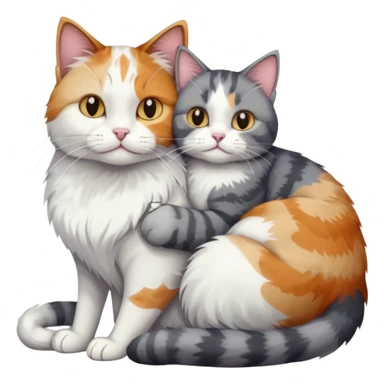 full body colourful light patched calico + white tabby cat cuddling a grey and white cat  sticker