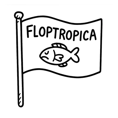 hand-drawn outlined flag on a stick with a quirky 'Floptropica' symbol sticker