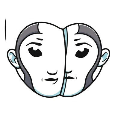 face split into two halves, one half realistic, other half art style sticker