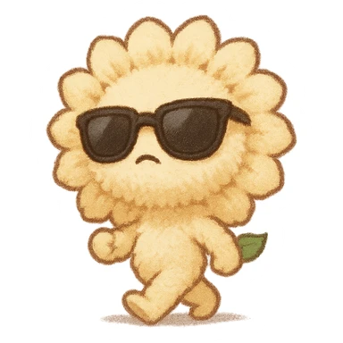chibi fluffy style sunflower, creamy yellow, sunglasses, walking out with a cool attitude, full body sticker