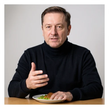 Vertical 2:3 photograph inspired by the reference image, featuring an elegant man in a black sweater, fasting theme. The man is politely refusing a plate of food with a gentle hand gesture, in a bright environment. Realistic style, clearly conveying the concept of fasting. sticker