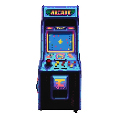 colorful 80s arcade machine with neon lights, pixelated fighting game on screen, red, blue, yellow details, joystick and buttons, reflective floor, dust in air, nostalgic cyberpunk vibe, cinematic lighting sticker