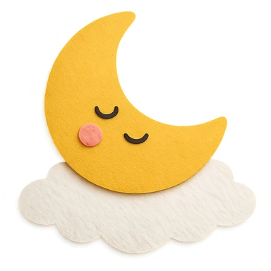 kawaii yellow moon, sleepy, resting on a white cloud pillow, no arms or legs, full body, soft pastel palette, paper craft style sticker