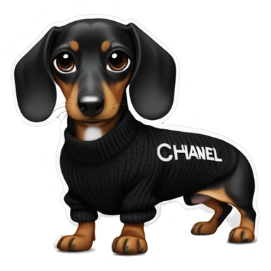 Dachshund wearing black and white Sweater with chanel logo  sticker