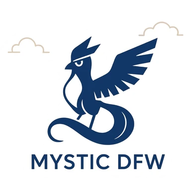 minimalist logo for Pokémon Go Team Mystic DFW with stylized Articuno silhouette, blue and white palette, words 'Mystic DFW' in sleek font sticker