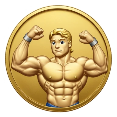 A gold coin engraved by a bent arm showing a big biceps. No human, only the arm sticker