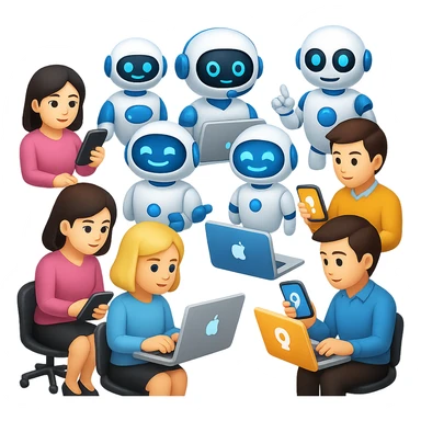 Add more robots and AI assistants in the open office, with people using smart devices. The style is emoji style, so keep the look consistent with emoji aesthetics and no background. sticker